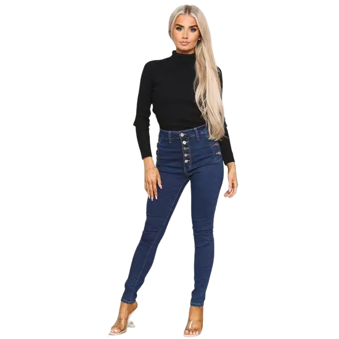 Indigo Butt0n Detail High Waist Skinny Jeans / CassyFads